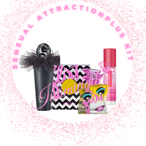 Sensual attraction kit with perfume, intimate spray, and skincare products, styled with gift box.