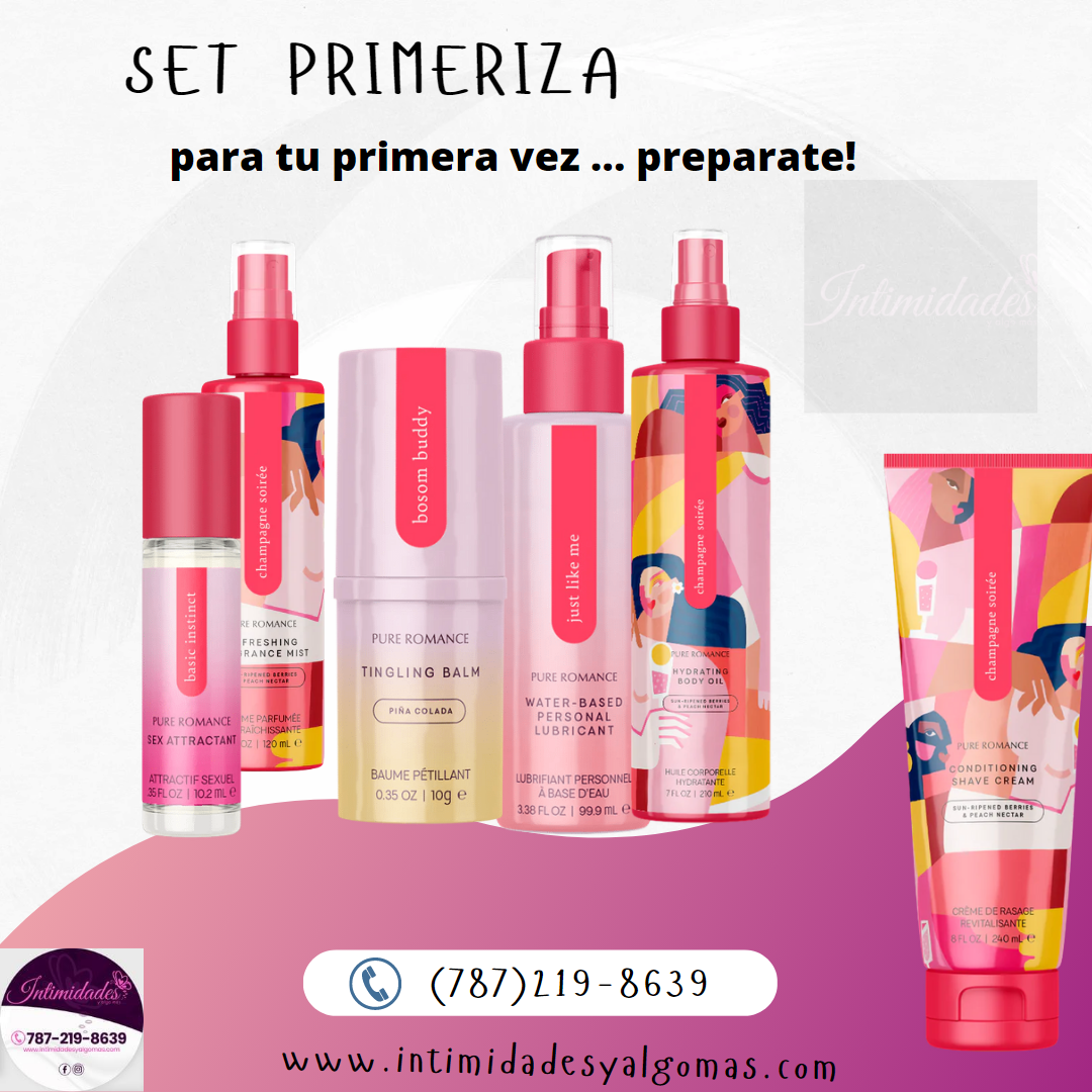 Set Primeriza kit with Pure Romance personal care products, colorful packaging, and contact info.