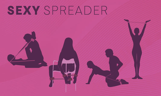 Silhouettes demonstrating different uses of an adjustable spreader restraint on a pink background.