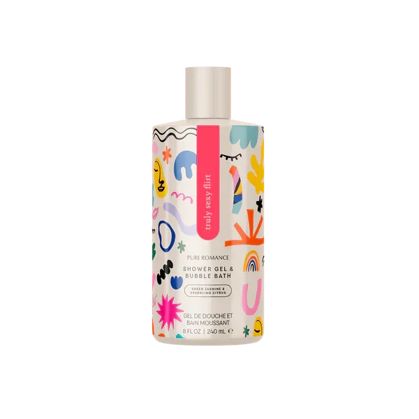 Shower gel and bubble bath bottle with colorful abstract pattern, 240 ml, for body care.