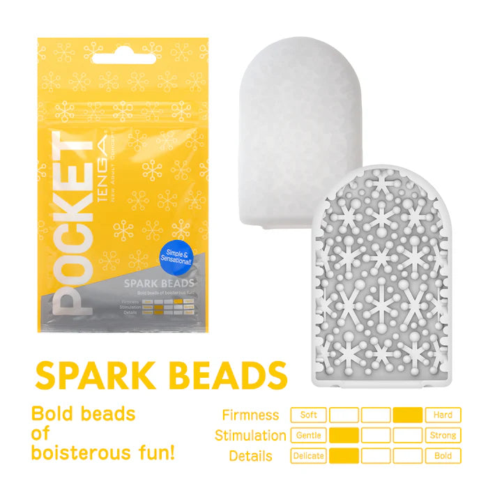 TENGA Pocket Spark Beads textured sleeve stimulator with packaging, white and yellow design.