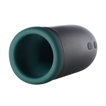 Black and teal silicone wellness massager with textured interior and control buttons