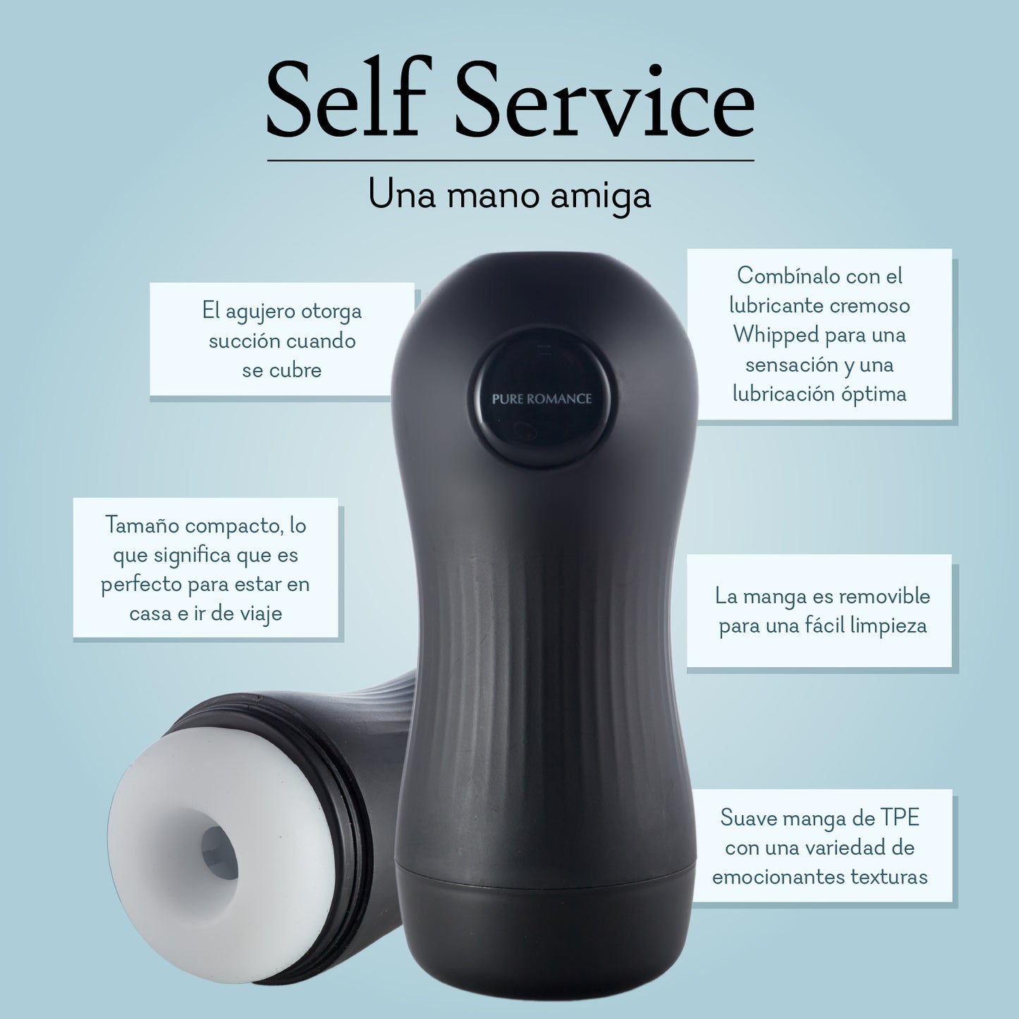 Black textured male pleasure toy with white sleeve, compact and easy to clean, on blue background