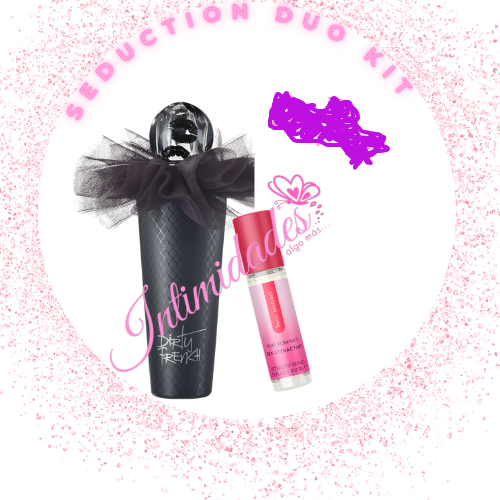 Seduction Duo Kit with massage accessory and pink intimate wellness spray on pink glitter background.