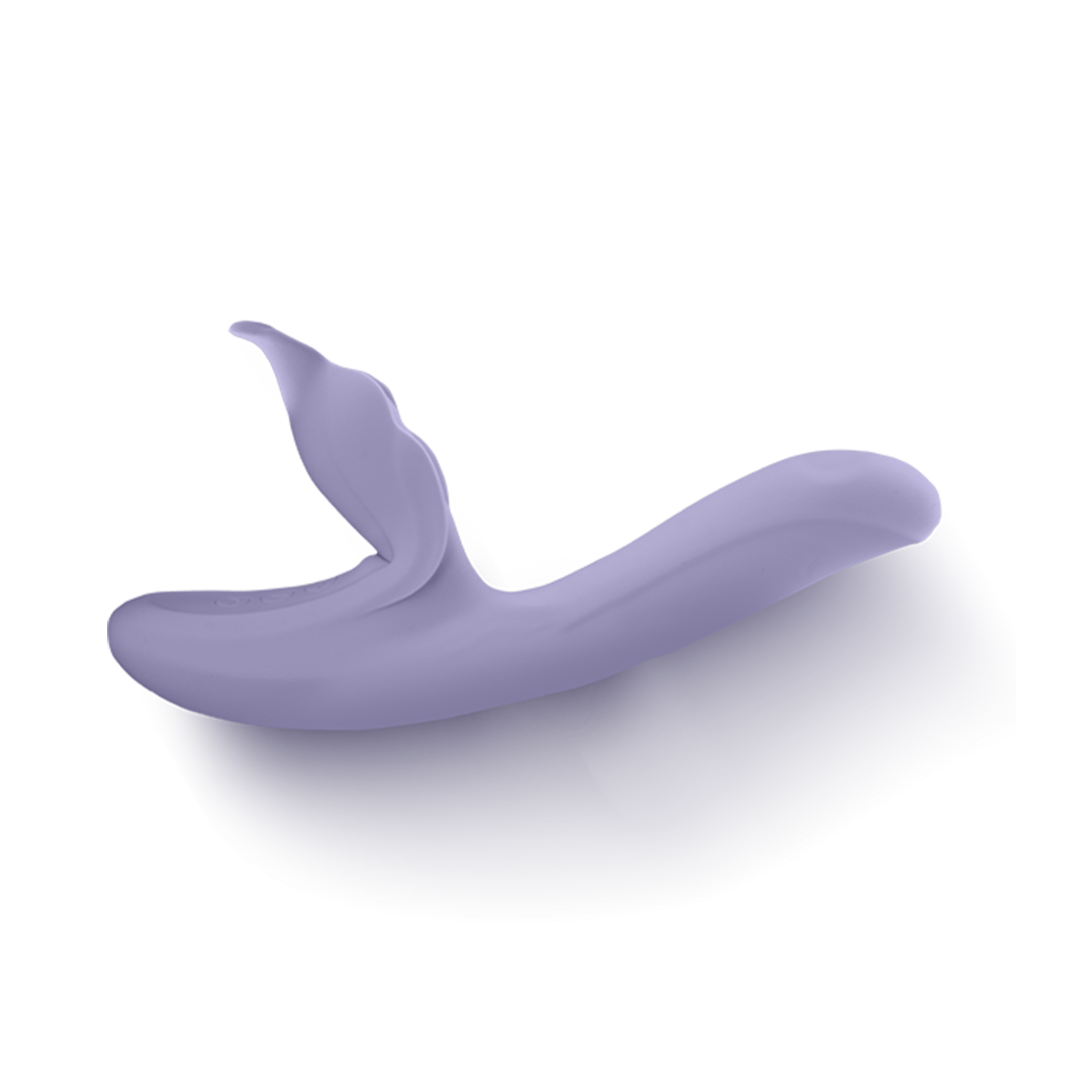 Purple silicone intimate massager with ergonomic design on white background