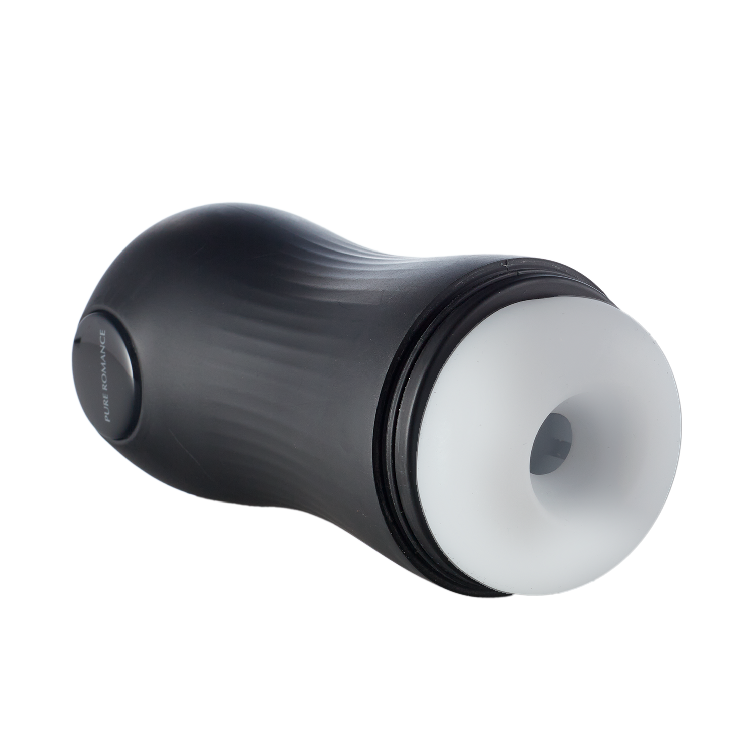 Black and white personal massager with ergonomic design on plain background
