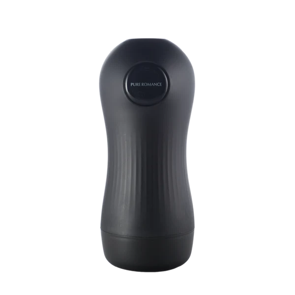 Black cylindrical personal wellness device with 'Pure Romance' label, standing upright