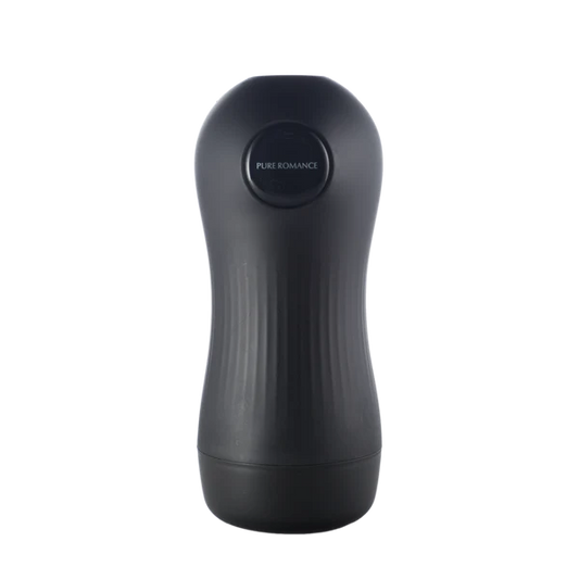 Black cylindrical personal wellness device with 'Pure Romance' label, standing upright