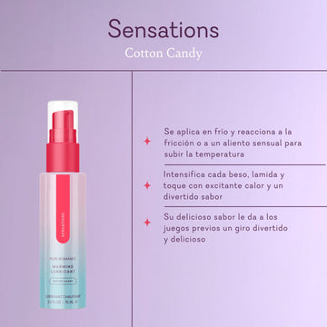 Sensations Cotton Candy warming gel bottle with pink cap and descriptive text on purple background