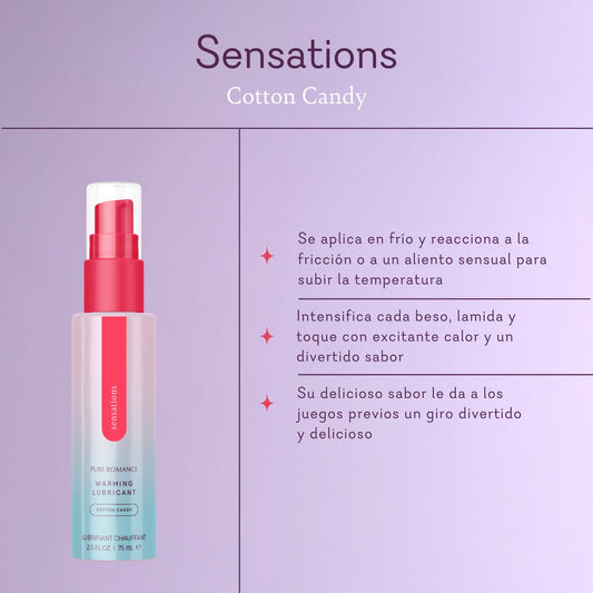 Sensations Cotton Candy warming lubricant bottle on purple background with product benefits in Spanish.
