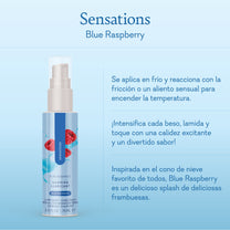 Blue Raspberry Sensations sensation-enhancing gel bottle with raspberries, product description in Spanish.