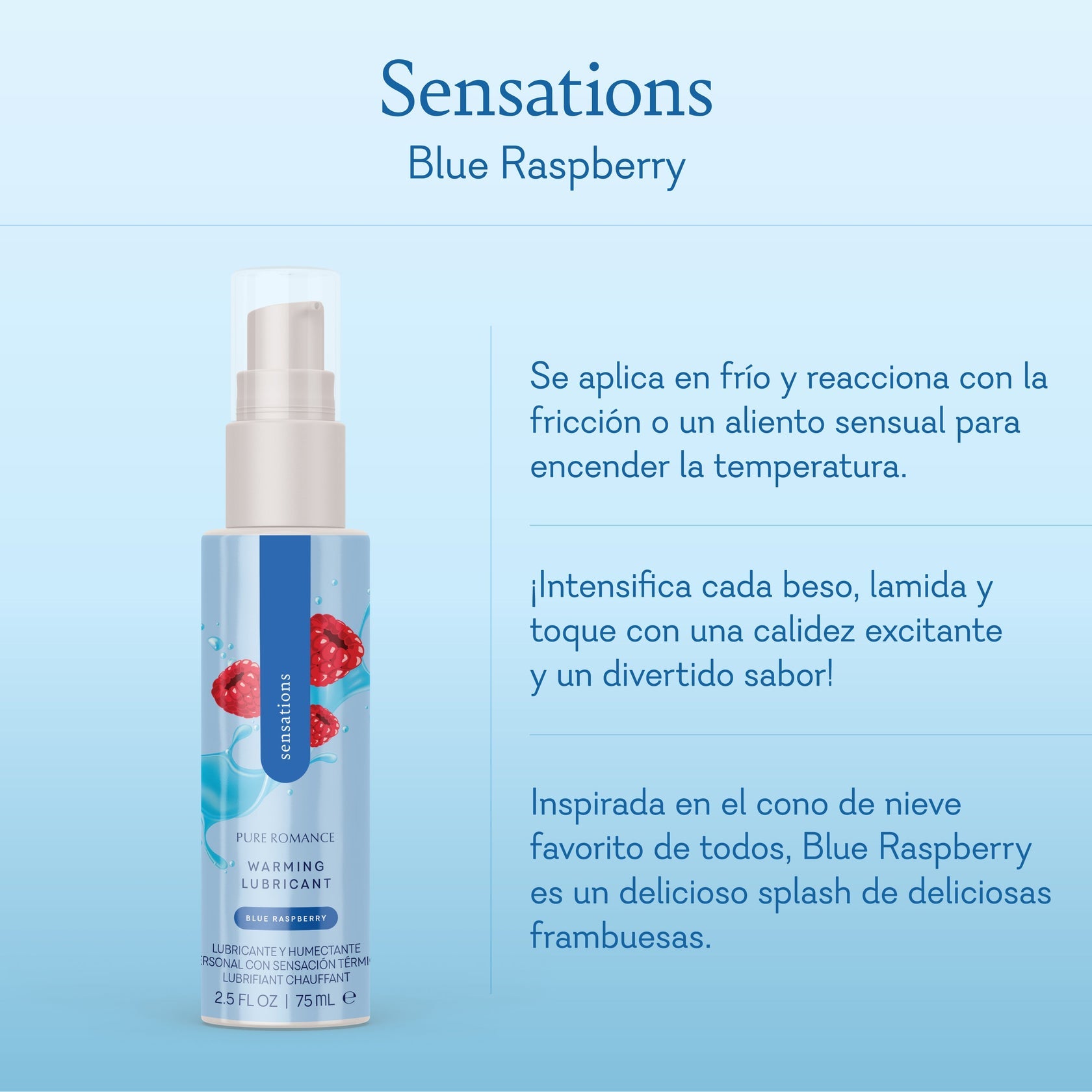 Warming personal lubricant Blue Raspberry flavor with raspberries graphic on light blue background