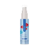 Blue raspberry flavored personal lubricant bottle with pump dispenser, clear liquid inside