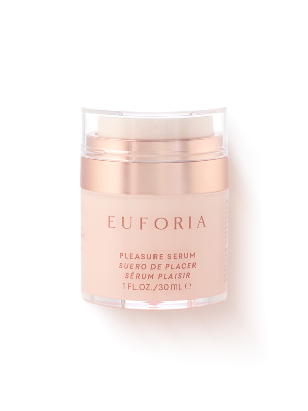Euforia Pleasure Serum 30ml in a rose gold bottle, skincare and wellness product, isolated on white background