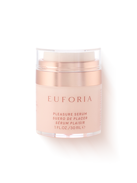Euforia Pleasure Serum 30ml in a rose gold bottle, skincare and wellness product, isolated on white background