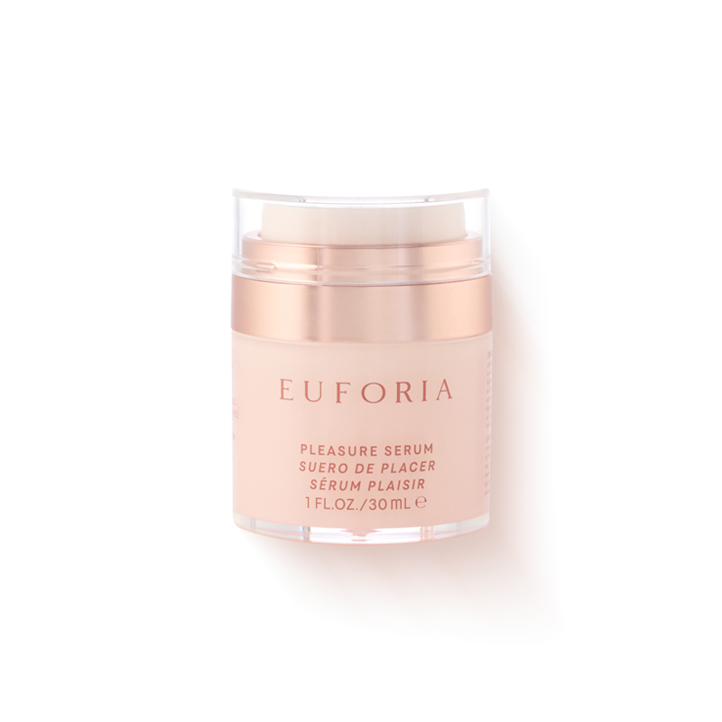 Euforia Pleasure Serum in blush pink bottle, 30ml skincare product on white background
