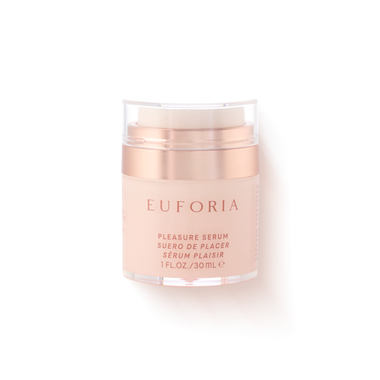 Euforia Pleasure Serum in blush pink bottle, 30ml skincare product on white background