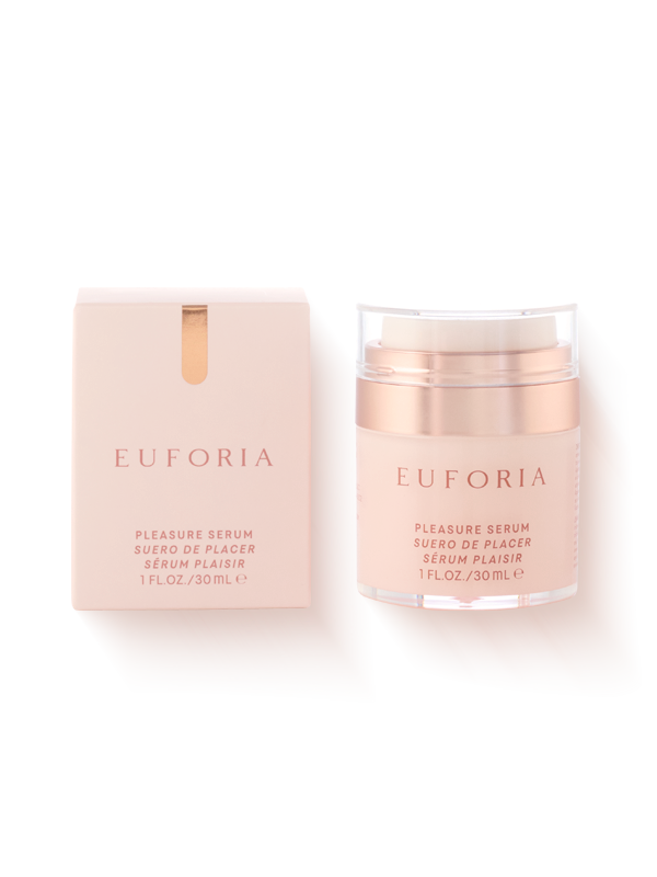 Euforia Pleasure Serum 30ml bottle and box, skincare and wellness product on white background