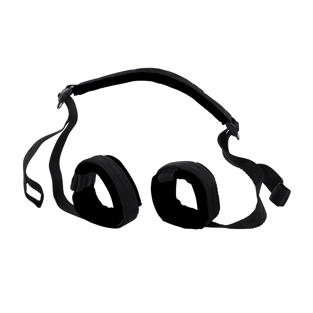 Adjustable black nylon ankle restraints with straps for couples wellness or massage support