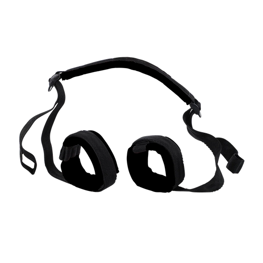 Adjustable black nylon ankle restraints with straps for couples wellness or massage support