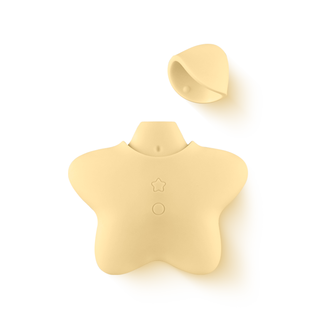 Yellow star-shaped silicone massager with two buttons and removable cap, wellness device