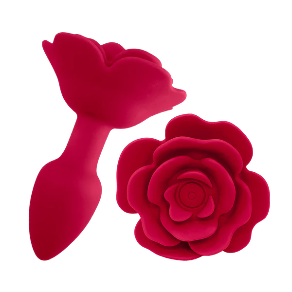 Red silicone rose-shaped massage device with petal detailing, wellness accessory