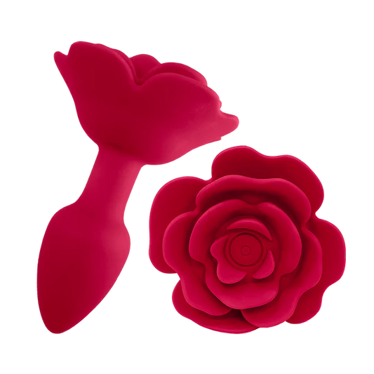 Red silicone rose-shaped massage device with petal detailing, wellness accessory