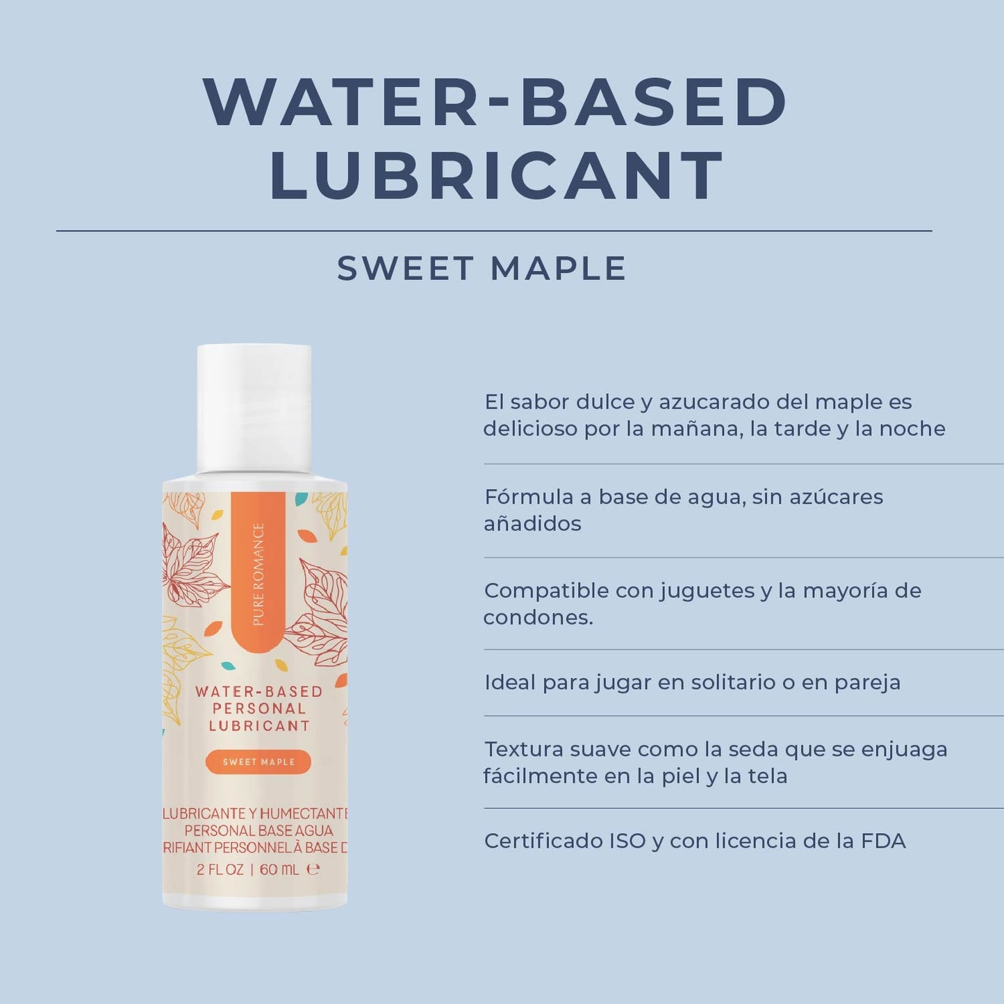 Water-based personal lubricant Sweet Maple bottle with product features and flavor details in Spanish.