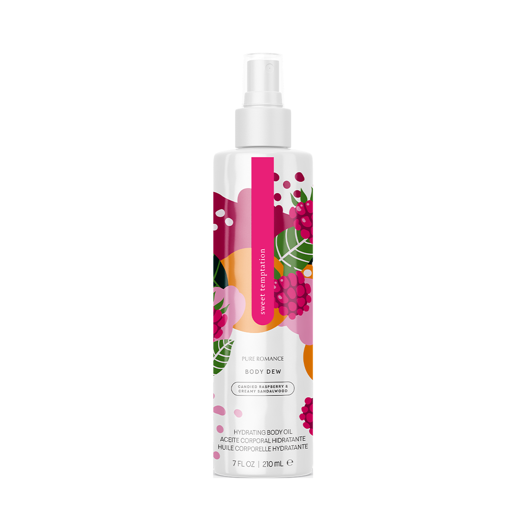 Hydrating body oil spray with raspberry and floral design, labeled Sweet Temptation, 210 ml