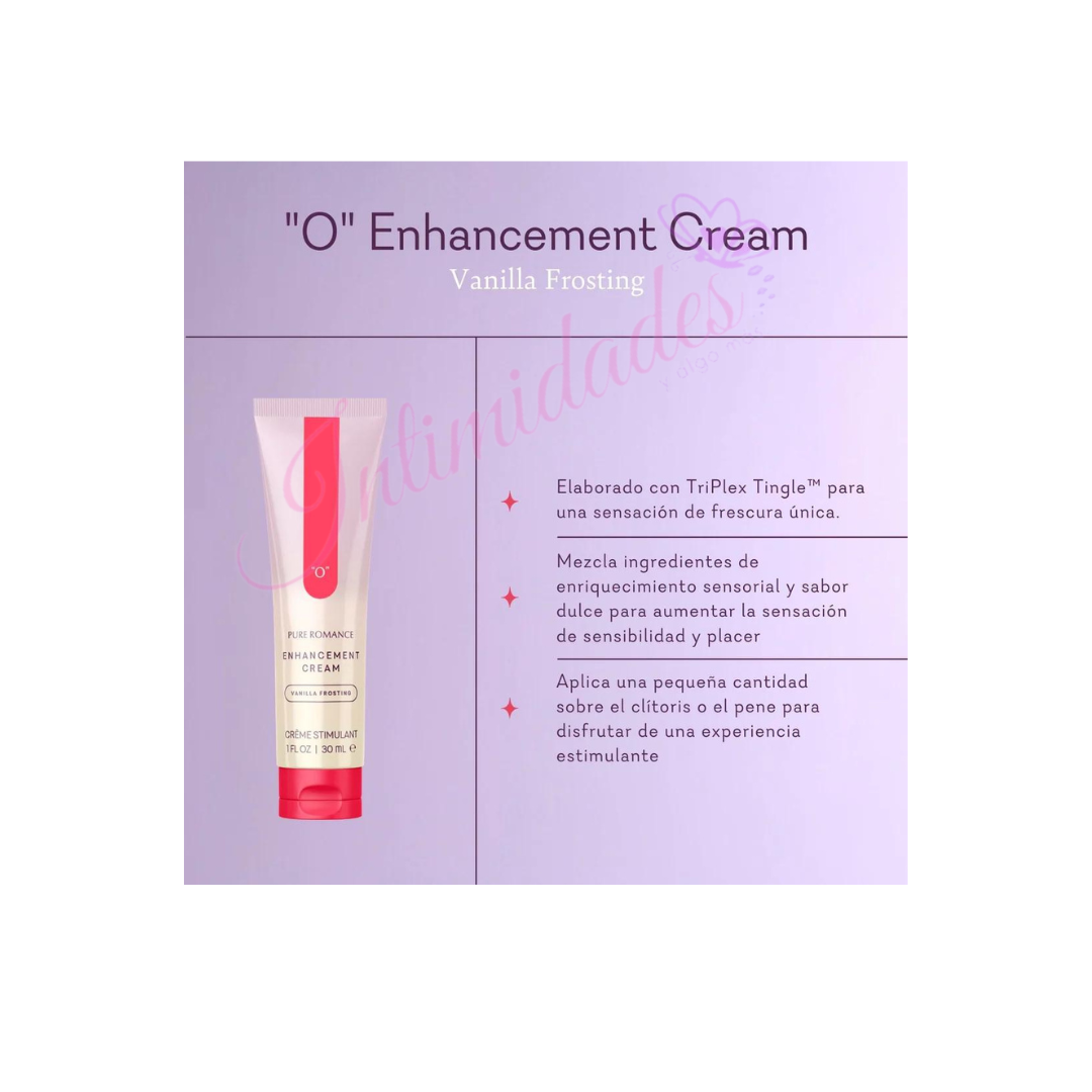 O Enhancement Cream Vanilla Frosting tube with product details on purple background, intimacy wellness