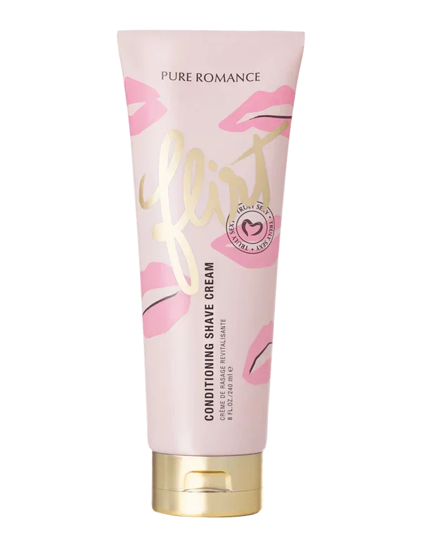 Pink tube of conditioning shave cream with lip print design for smooth skin care