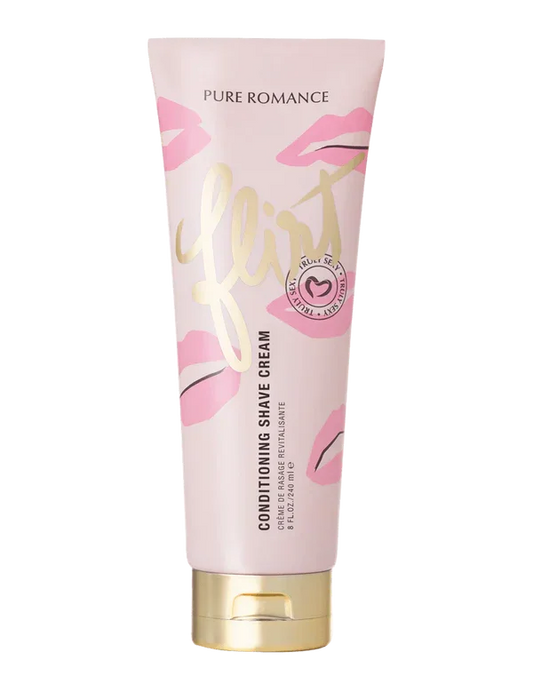 Pink tube of conditioning shave cream with lip print design for smooth skin care