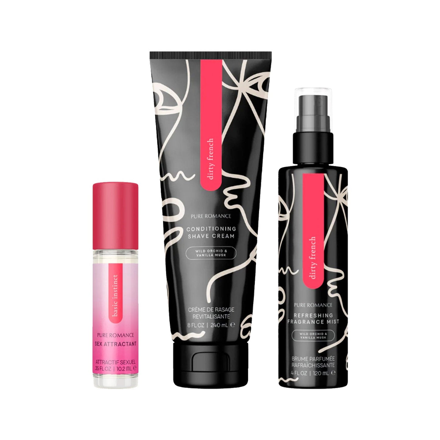 Trio of Pure Romance personal care products: attractant, shave cream, fragrance mist in black and pink packaging.