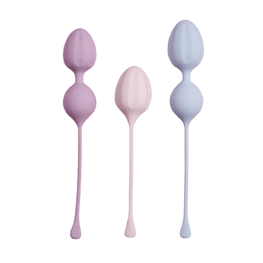 Set of three pastel kegel exercise balls for pelvic floor strengthening