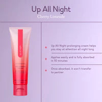 Up All Night Cherry Limeade cream tube on purple background with usage benefits listed.