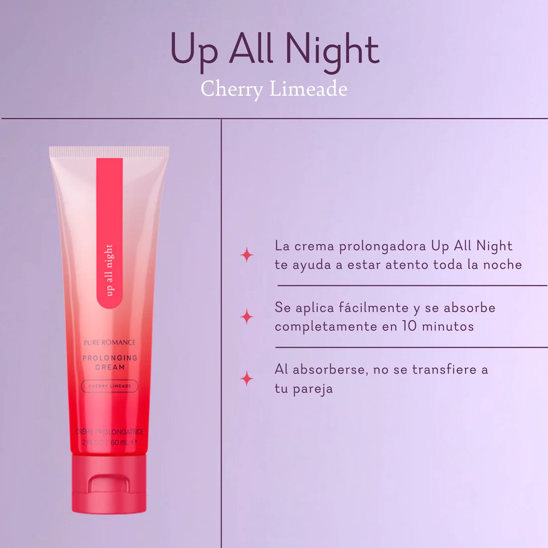 Up All Night cherry limeade prolonging cream tube with usage benefits on lavender background.