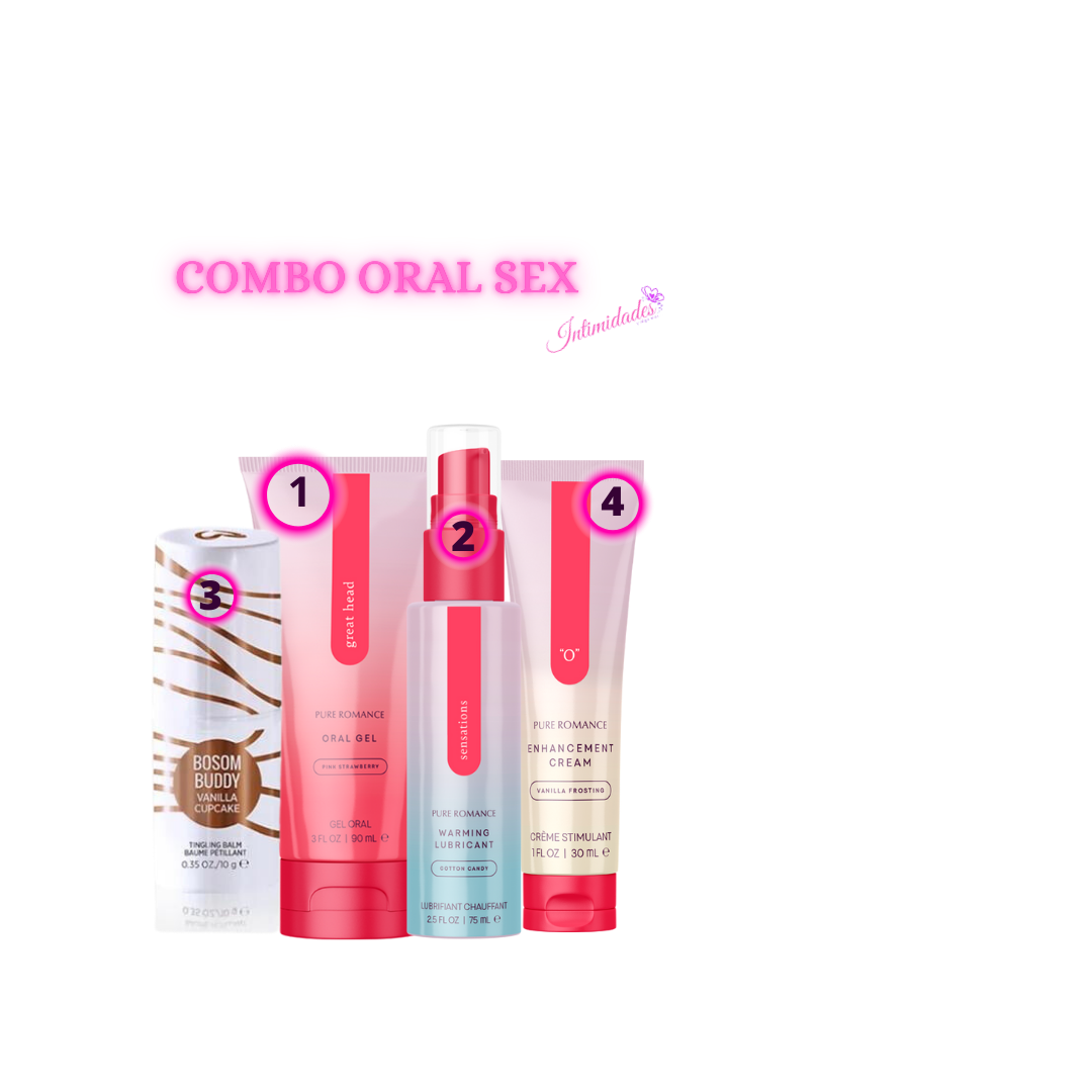 Combo oral intimacy kit including warming lubricant, oral gel, enhancement cream, and vanilla cupcake balm.