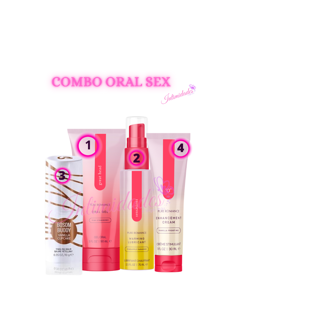 Combo set of four sexual wellness products, including oral gel, warming lubricant, enhancement cream, and vanilla cupcake lip balm, displayed side by side.
