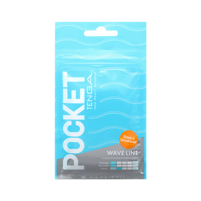 Blue Tenga Pocket Wave Line adult wellness product pouch with wavy design and product details.