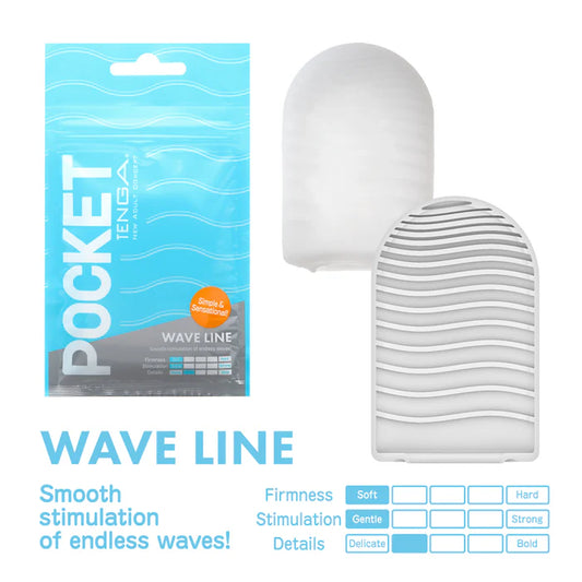 TENGA Pocket WAVE LINE sleeve with wavy textured interior and blue packaging for gentle stimulation.
