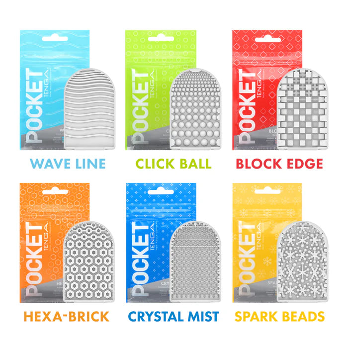 Six textured silicone sleeves for intimate use, each with unique patterns and colorful packaging.