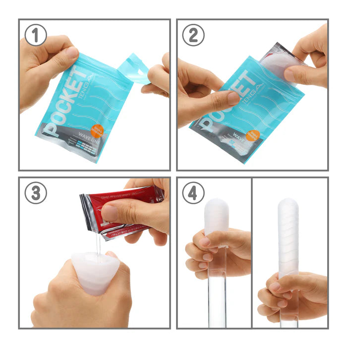 Step-by-step use of a pocket male pleasure device, showing unwrapping, adding lubricant, and inserting an object.