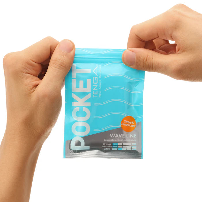 Hands holding a turquoise Tenga Pocket Wave Line personal wellness product pouch
