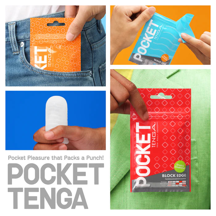Hands holding and opening colorful Tenga Pocket packages for personal wellness use