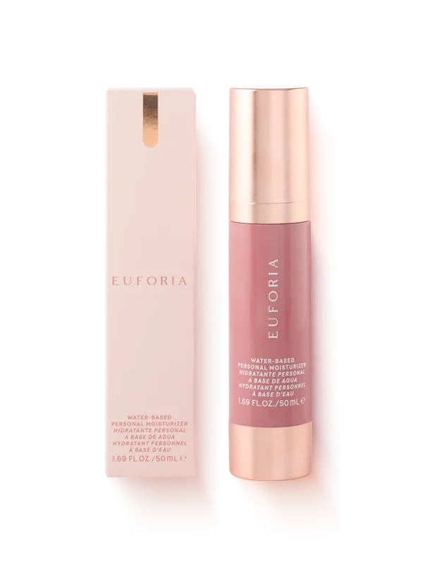 Euforia water-based personal moisturizer bottle with packaging, 50 mL, pink and gold design