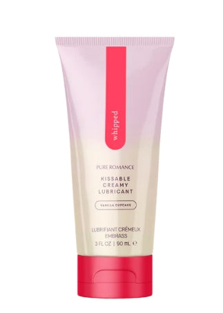 Tube of whipped vanilla kissable creamy lubricant with pink accents, 90 ml size