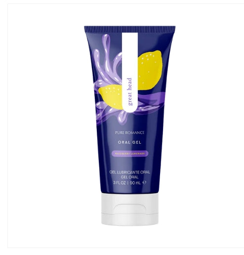 Blue tube of Pure Romance whipped blueberry lemonade oral gel with lemon and berry design