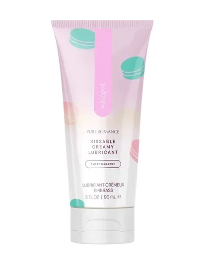 Tube of kissable creamy lubricant sweet macaron flavor with pastel macaron graphics