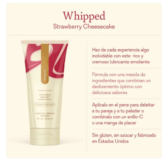 Tube of whipped strawberry cheesecake flavored creamy lubricant with product details in Spanish.