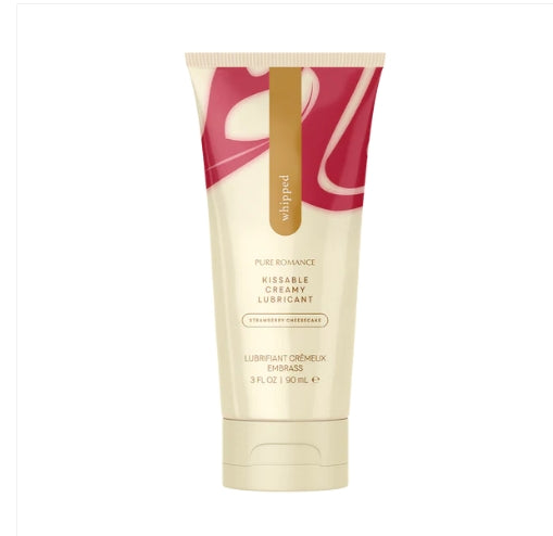 Strawberry cheesecake kissable creamy lubricant tube against a white background